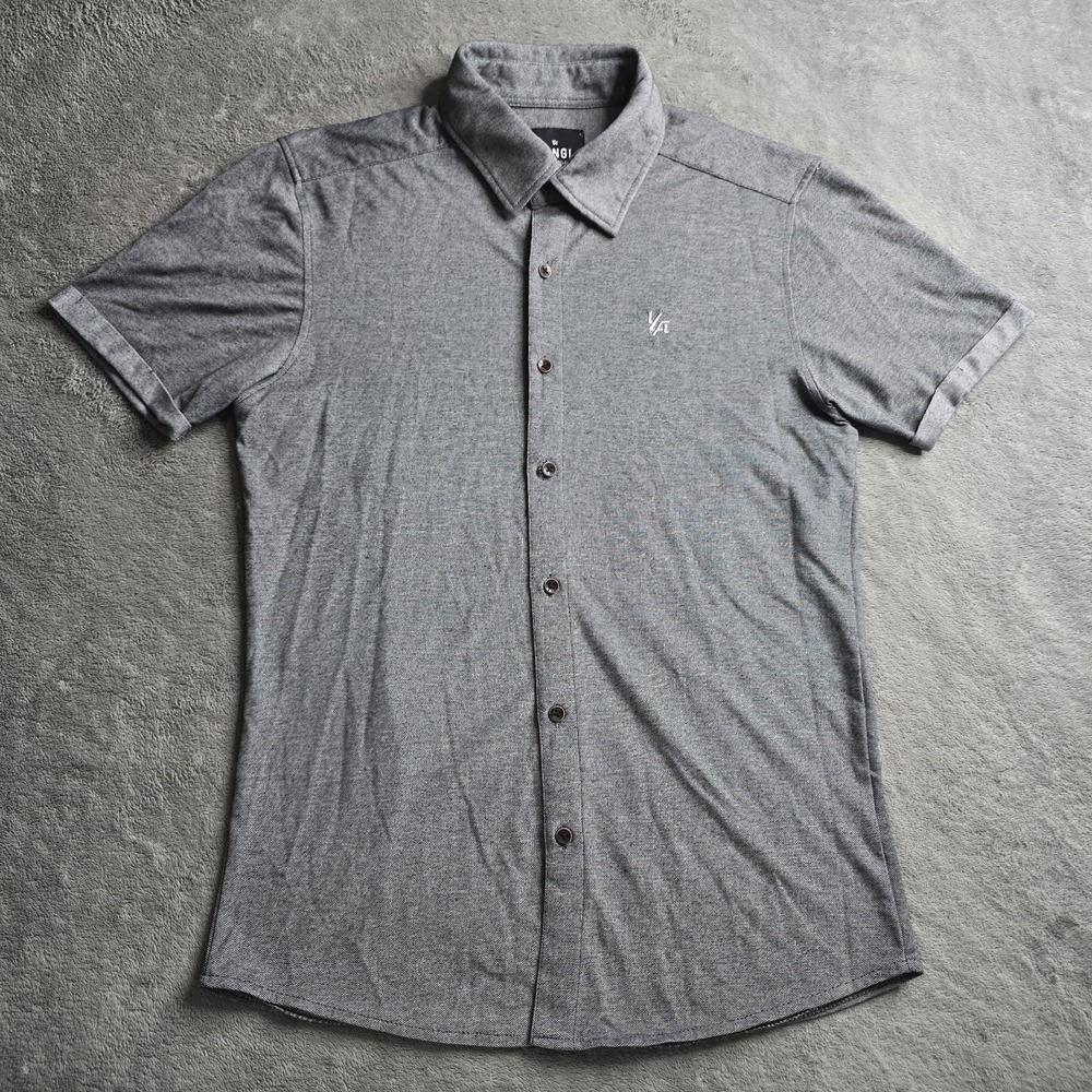 Youngla Shirt Mens Medium Gray Printed Button Up Short Sleeve Collar Stretch
